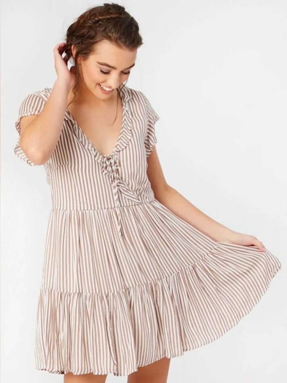 Altar'd State Brown & White Striped Tiered Ruffle Babydoll Mini Dress - Size S